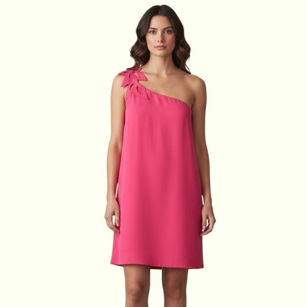 Tibi One Shoulder Dress Womens 4 Pink Excellent Laser Cut Floral‎ Shift Mini